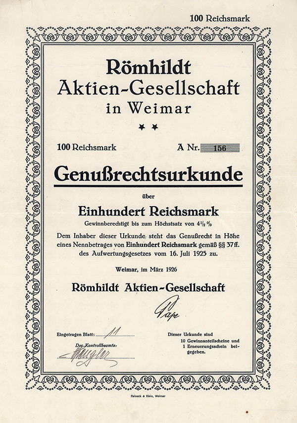 Römhildt Aktien-Gesellschaft, Weimar, 1926