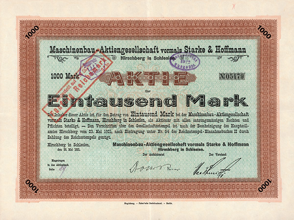 Maschinenbau-AG vormals Starke & Hoffmann, Hirschberg in Schlesien, 1921
