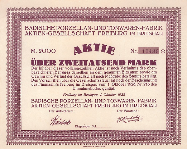 Badische Porzellan- und Tonwaren-Fabrik AG, Freiburg i.Br., 1923