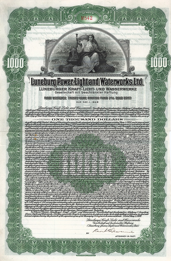 Lüneburger Kraft-, Licht- und Wasserwerke GmbH, Gold Bond 1000 Dollar, 1928