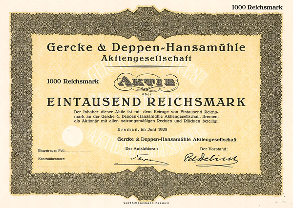 Gercke & Deppen-Hansamühle AG, Bremen, 1928