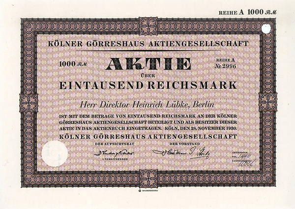 Kölner Görreshaus AG, Köln, 1930 - eingetragen auf Heinrich Lübke