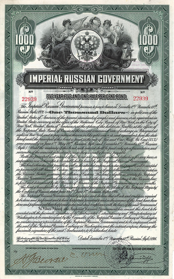 Imperial Russian Government - Gold Bond 1000 USD 1916