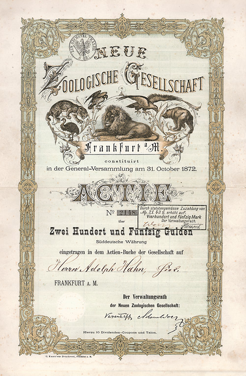 Nue Zoologische Gesellschaft, Frankfurt, 31. Oktober 1872, Aktie &uuml;ber 250 Gulden