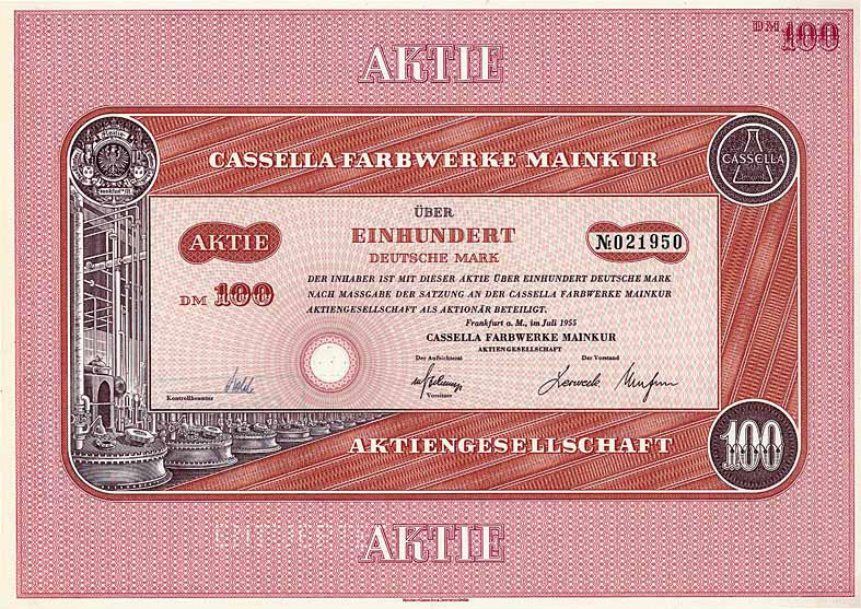 Cassella-Farbwerke Mainku Frankfurt am Main Aktie 100 DM von 1955