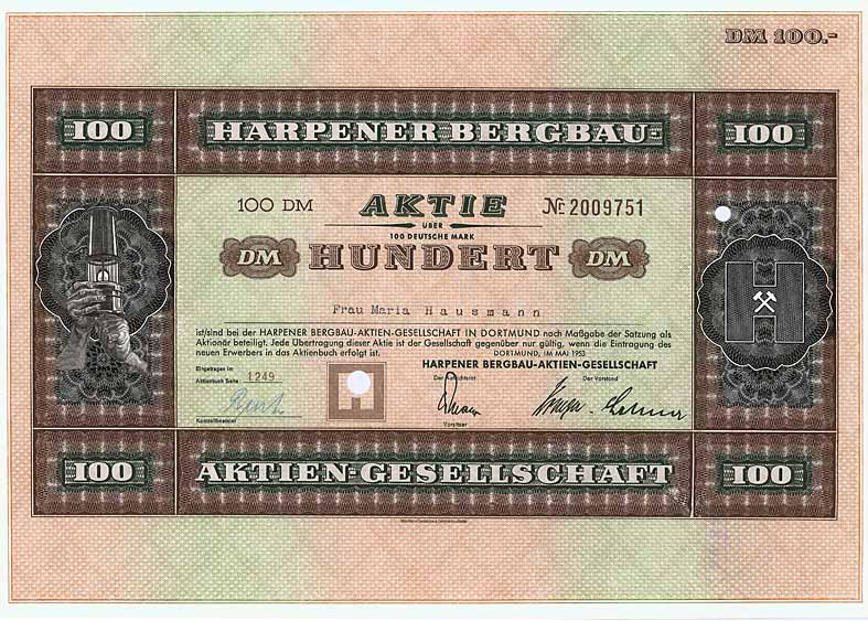 Harpener Bergbau Dortmund Aktie von 1953 100 DM