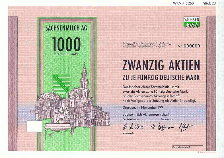 Sachsenmilch Aktiengesellschaft Dresden Aktie 1000 DM Sammelaktie von 1991