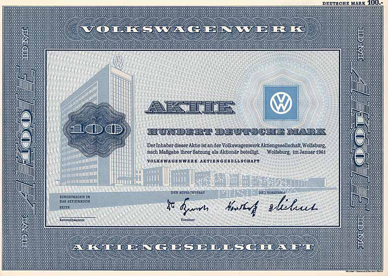 Volkswagen Wolfsburg Aktie 1961 100 DM