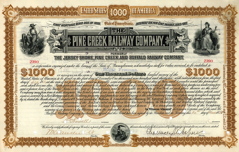 6% First Mortgage Bond of the Pine Creek Railway Company (formerly Jersey Shore, Pine Creek and Buffalo Railway Company), issued 1885, hand signed by William K. Vanderbilt and Chauncey Mitchell Depew as Trustees