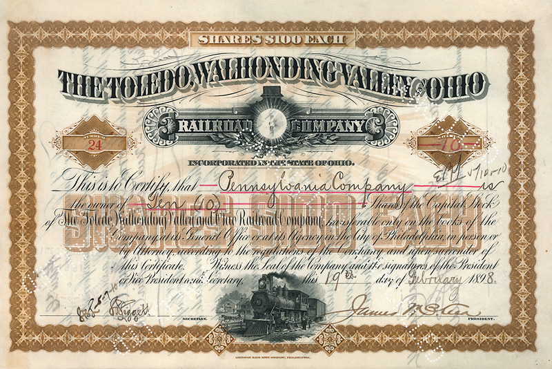 Stock certificate of the Toledo, Walhonding Valley and Ohio Railroad Company, issued 1898, hand signed by James McCrea as president