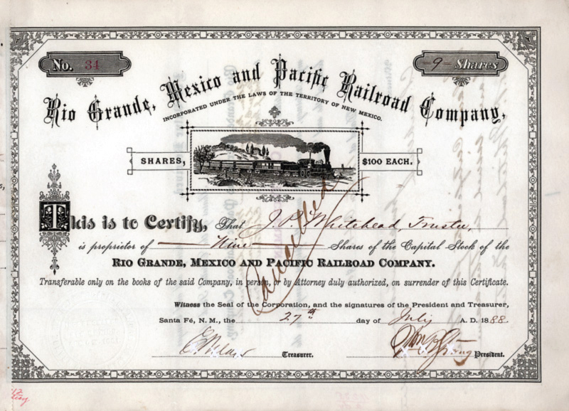 Stock certificate of Rio Grande, Mexico and Pacific Railroad Company, issued 1888, hand signed by William Barstow Strong as president