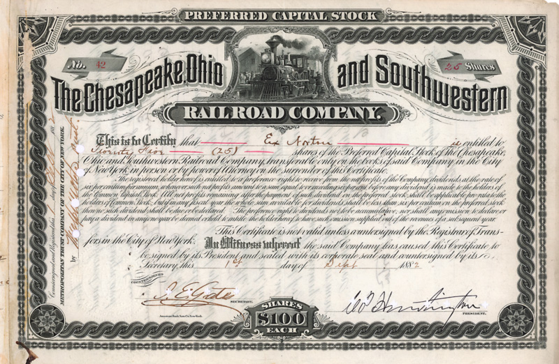 Stock certificate of the Chesapeake, Ohio and Southwestern Railroad Company, issued 1882, hand signed by Collis Potter Huntington as president