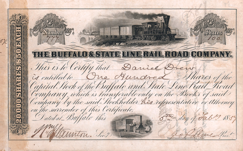 Stock certificate of Buffalo & State Line Railroad Company, issued 1857 to Daniel Drew