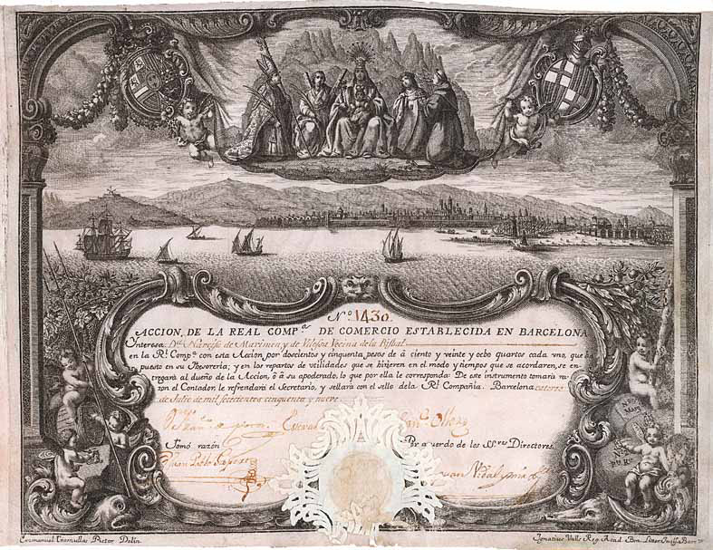 Barcelona,  Aktie von 1759, gedruckt auf Tierhaut