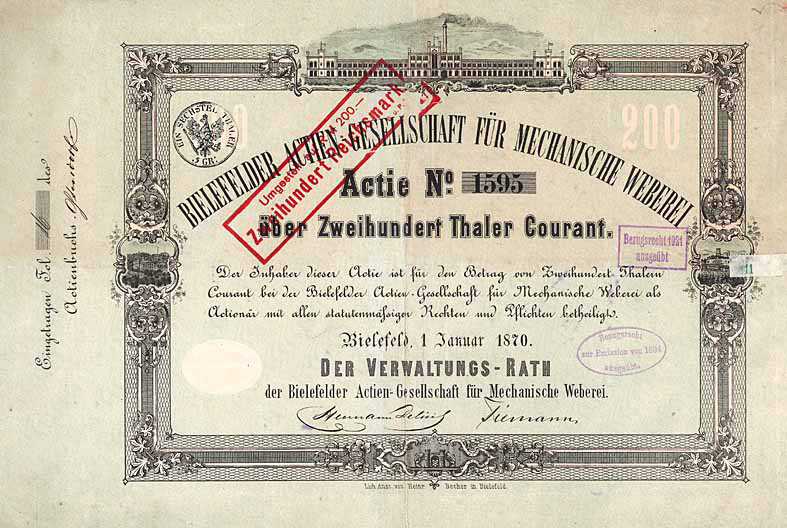 Bielefelder Actien-Gesellschaft fuer mechanische Weberei Bielefeld Aktie 200 Thaler Courant 1870