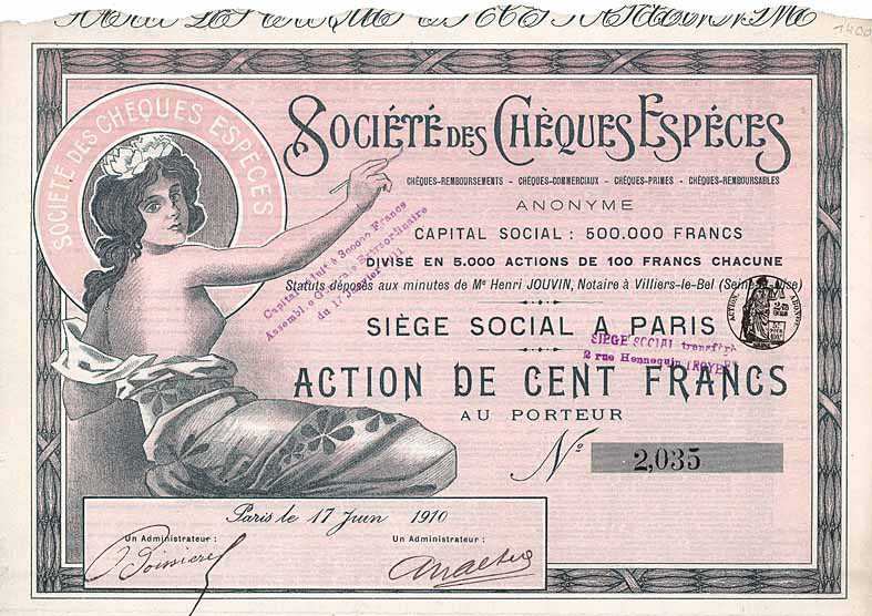 Société des Cèques Espéces Paris Aktie von 1910