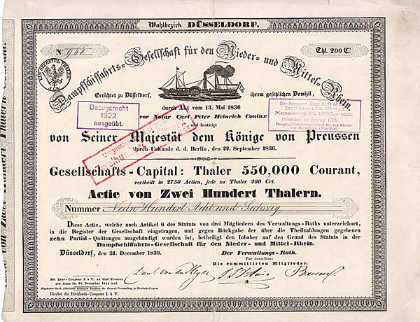 Dampfschiffahrts-Gesellschaft fuer den Nieder- und Mittel-Rhein Duesseldorf Actie 200 Thaler 1839