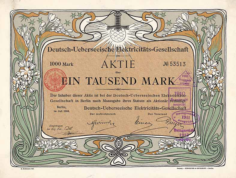 Deutsch-Ueberseeische Elektricitaets-Gesellschaft Berlin Aktie 1000 Mark von 1906