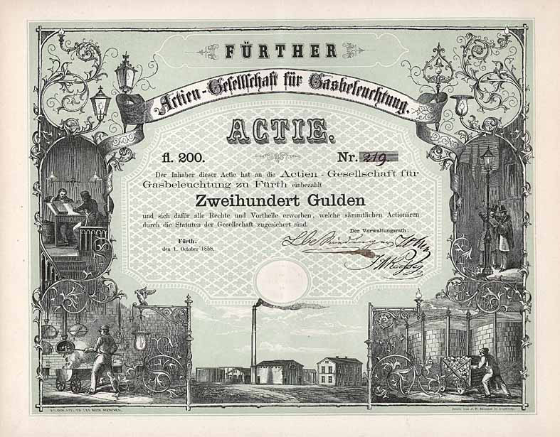 Fuerther Actien-Gesellschaft fuer Gasbeleuchtung Aktie 200 Gulden 1858