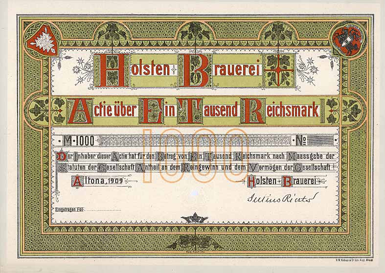 Holsten Brauerei, Altona, Aktie 1000 Reichsmark, von 1909