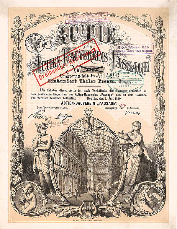 Actien-Bauverein Passage Berlin Actie 100 Thaler 1870