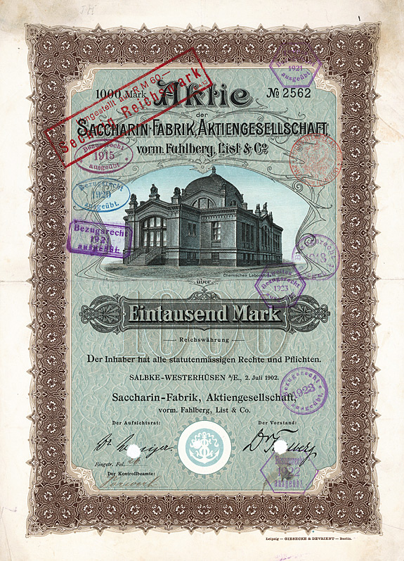 Saccharin-Fabrik vormals Fahlberg, List Salbke-Westerhuesen Aktie 1000 Mark 1902