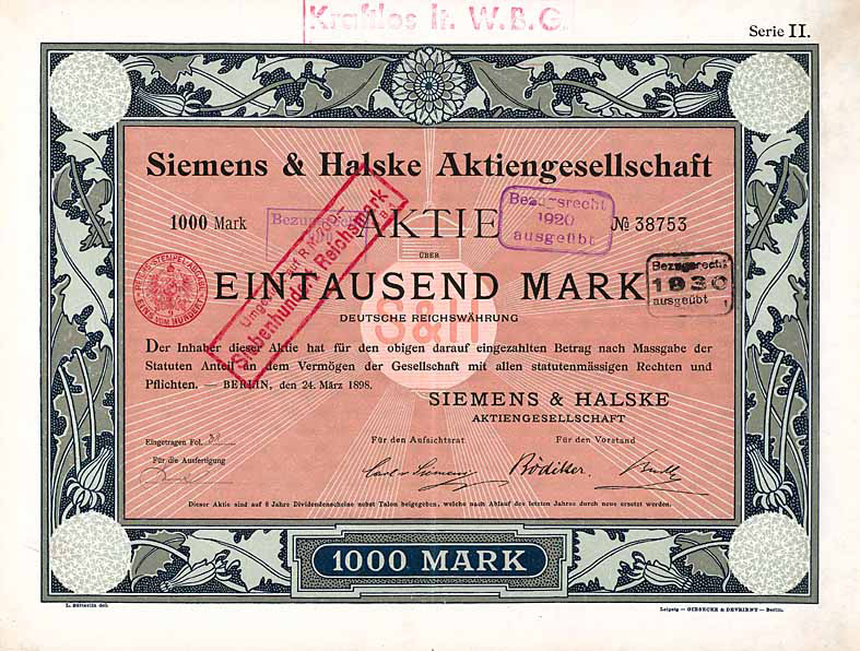 Siemens & Halske Aktiengesellschaft Berlin Aktie Serie II. 1000 Mark von 1898