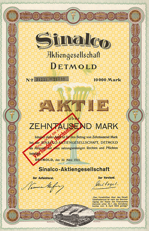 Sinalco Detmold Aktie 10000 Mark 1923