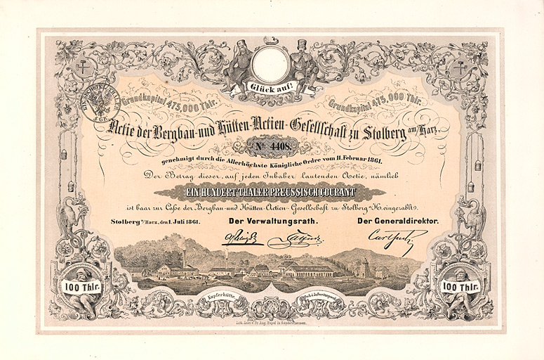 Bergbau- und Huetten-Actien-Gesellschaft zu Stolberg am Harz Aktie 100 Thaler 1861