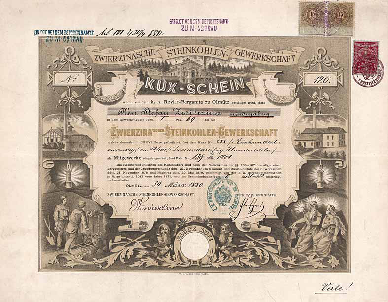 Zwierzinasche Steinkohlen-Gewerkschaft Olmuetz Kuxschein von 1880