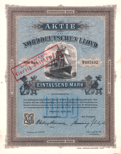 Norddeutscher Lloyd, Bremen, 1000 Mark, Aktie von 1923