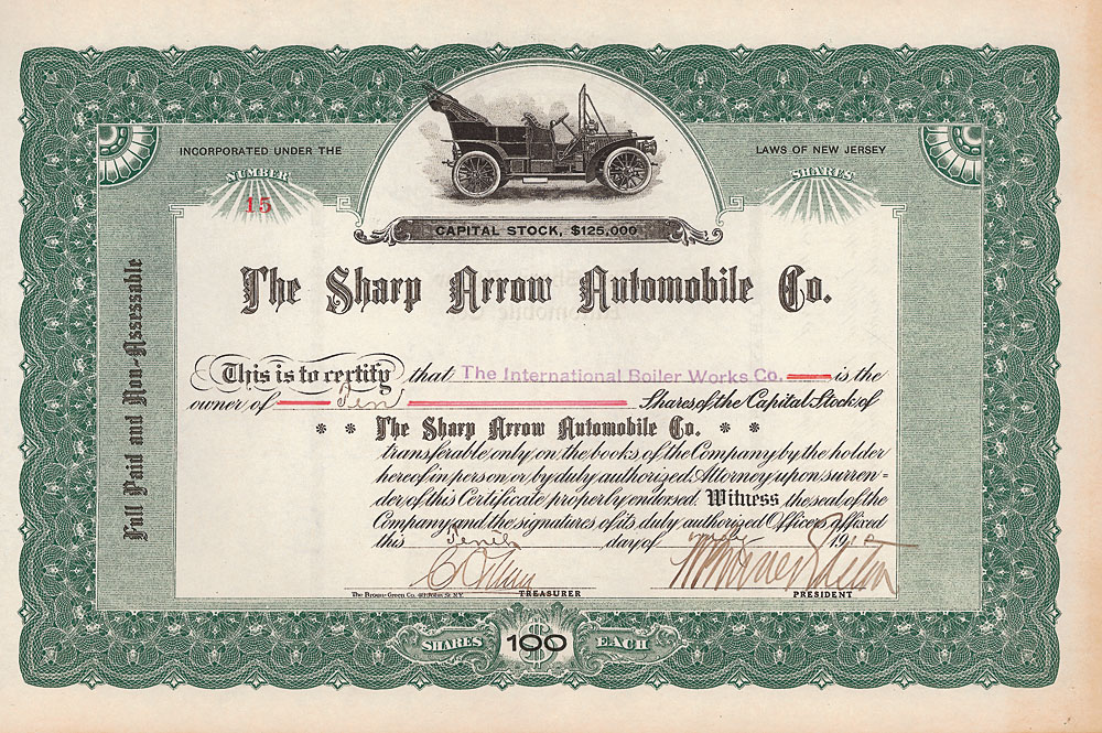 Sharp Arrow Automobile Co. Nonvaleurs als Sammelobjekte und Kapitalanlage