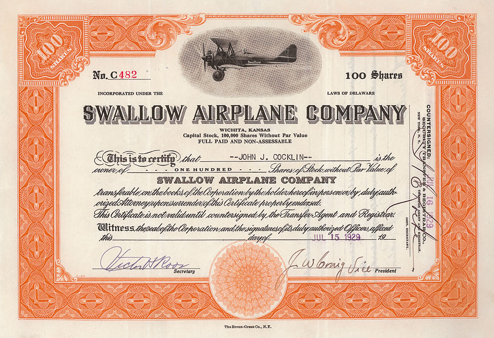 Swallow Airplane Company Nonvaleurs als Sammelobjekte und Kapitalanlage