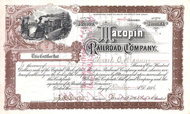 Macopin Railroad - mit Originalunterschrift von Garret A. Hobart