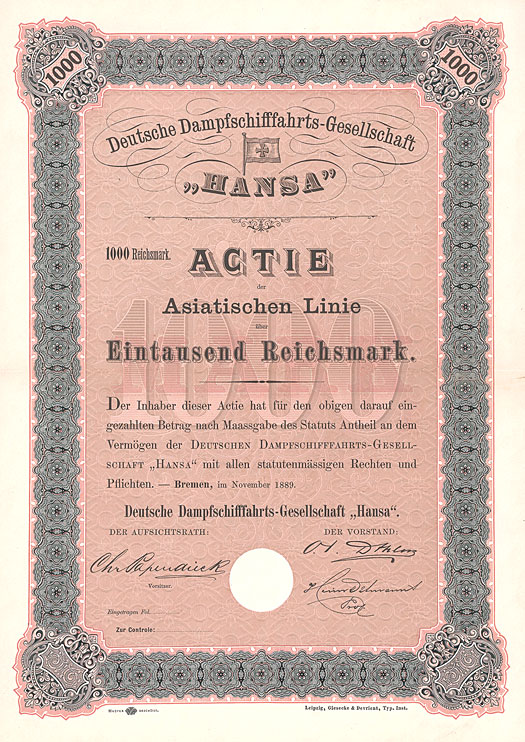 Deutsche Dampfschifffahrts-Ges. Hansa Asiatische Linie 1899