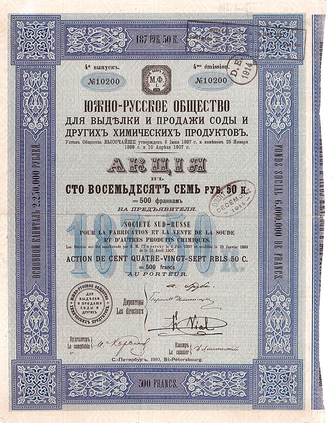 Société Sud-Russe pour la Fabrication et la Vente de la Soude et d’autres Produits Chimiques 1910