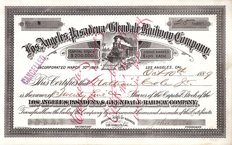 Los Angeles, Pasadena and Glendale Railway Company 1889