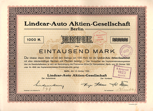 Lindcar-Auto Aktien-Gesellschaft, Berlin, 1922