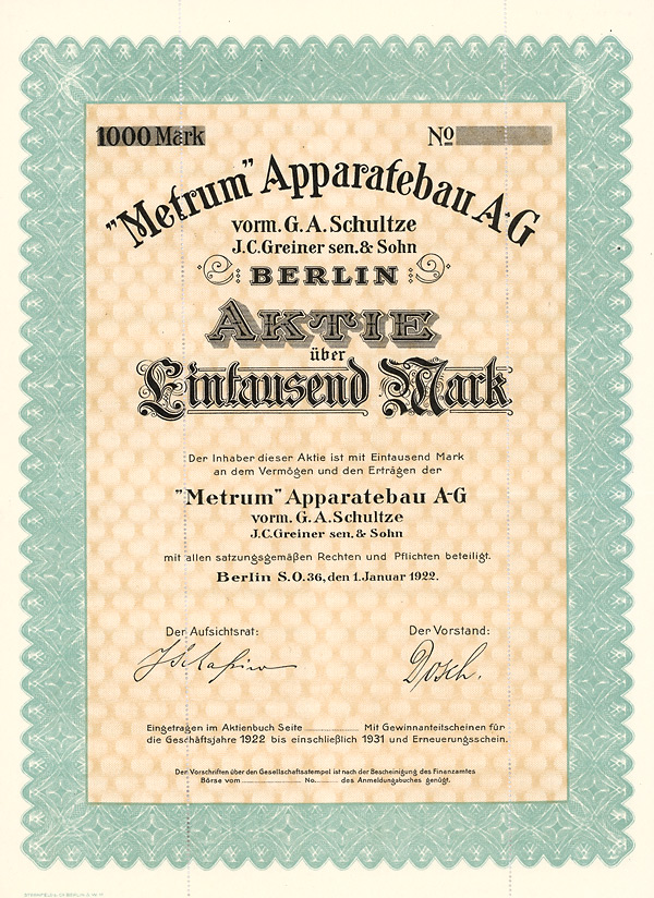 Metrum Apparatebau AG vorm. G.A. Schultze J.C. Greiner sen. & Sohn, Berlin, 1922