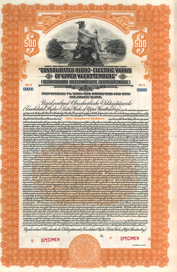 Bezirksverband Oberschwäbische Elektrizitätswerke, Biberach, Gold Bond 1000 USD 1926