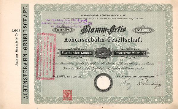 Achenseebahn-Gesellschaft - Gründeraktie von 1889