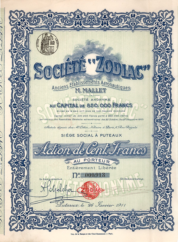Société ZODIAC anciens Établissements Aéronautiques M. Mallet S.A., Puteaux, 1911