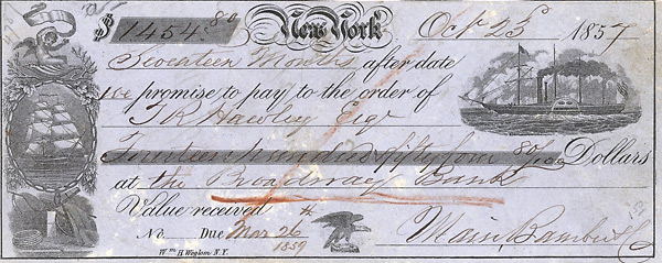 Broadway Bank  -  Reeder-Wechsel 1857