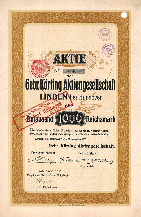 Gebr. Körting Aktiengesellschaft, Linden bei Hannover, 1903, Aktie, 1000 Mark