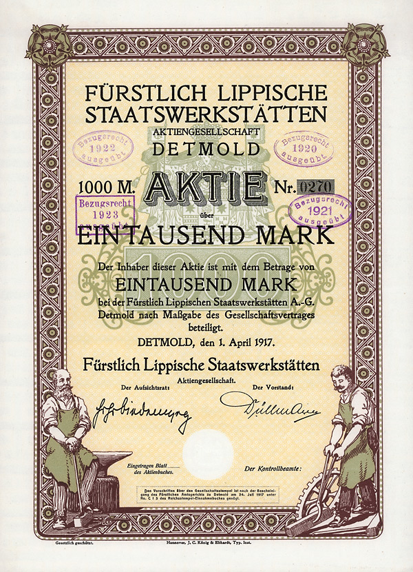 Fürstlich Lippische Staatswerkstätten AG, Detmold,  1919